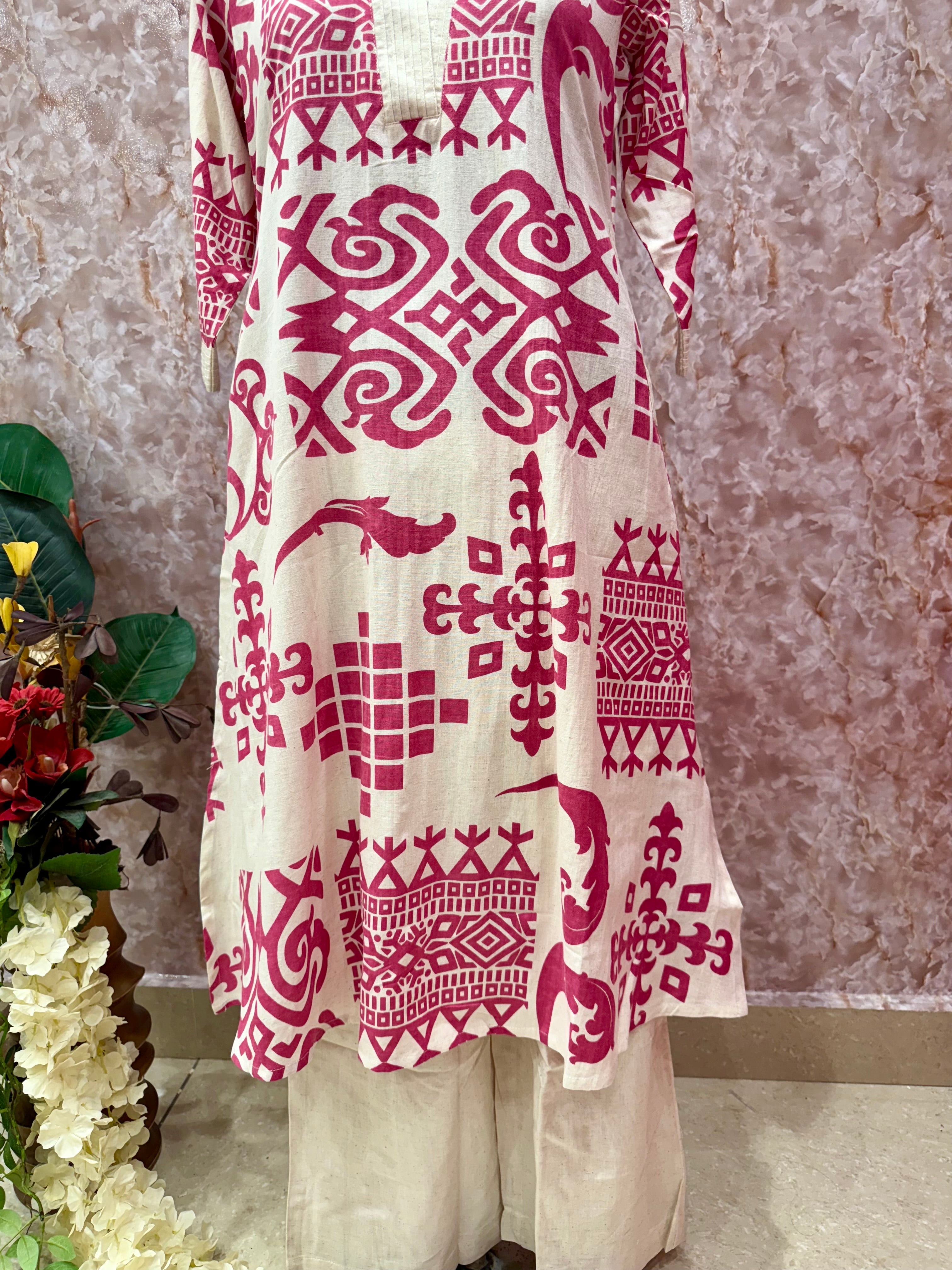 Chic Tribal Vibes: Rani Pink Print on Flex Cotton Kurta Set