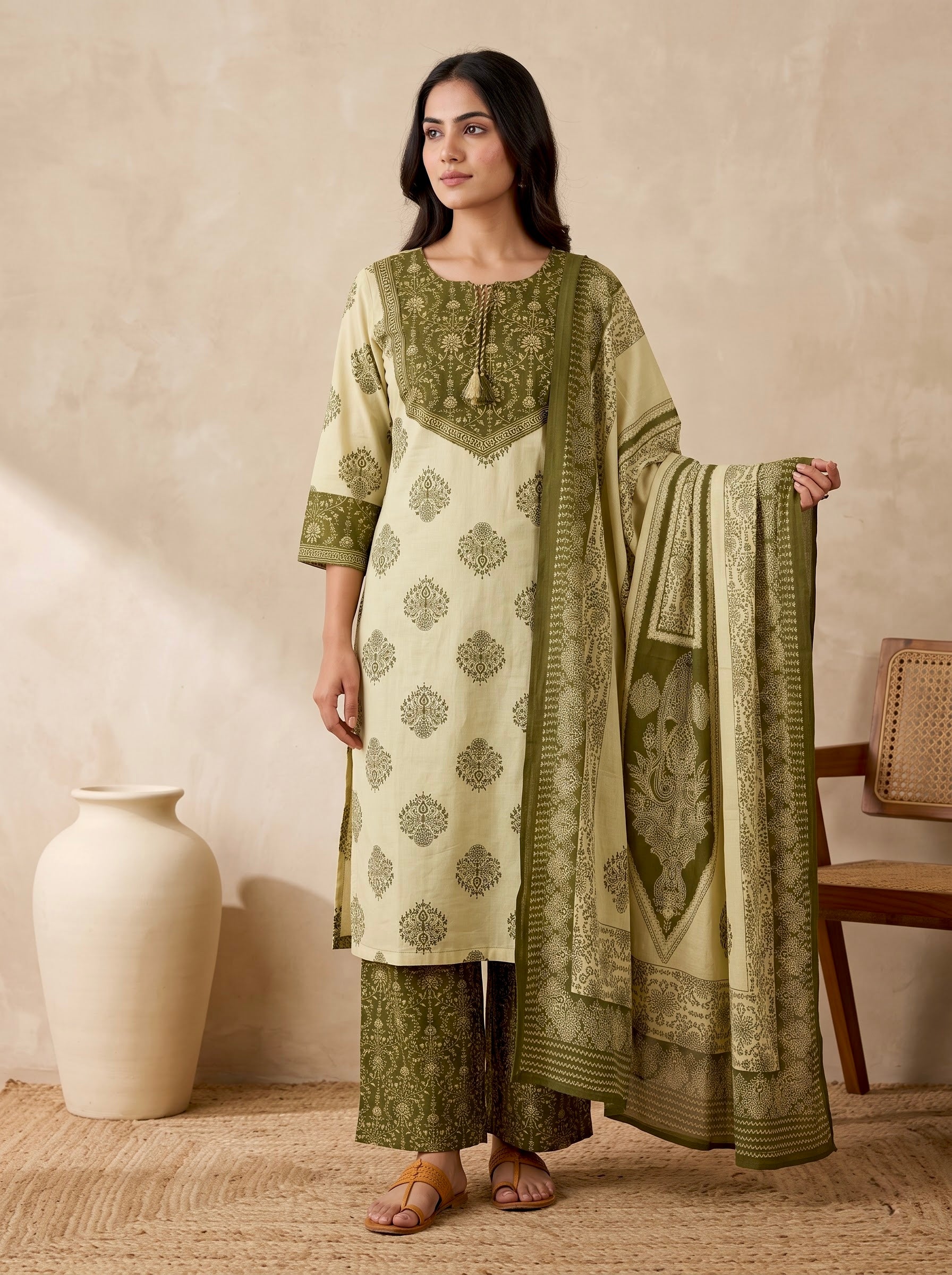 Olive Green Block Print Premium Cotton Kurta Palazzo Set