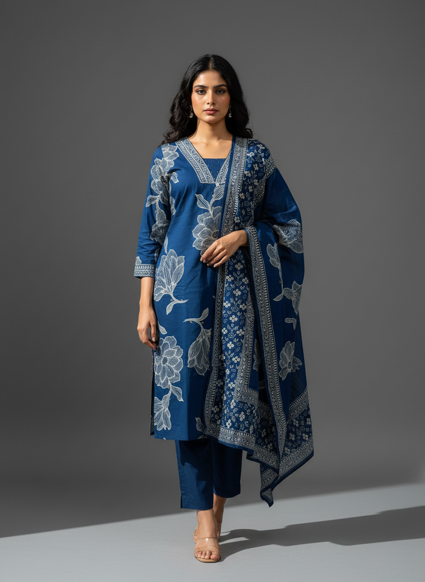Blue Floral Print Cotton Kurta Set with Dupatta