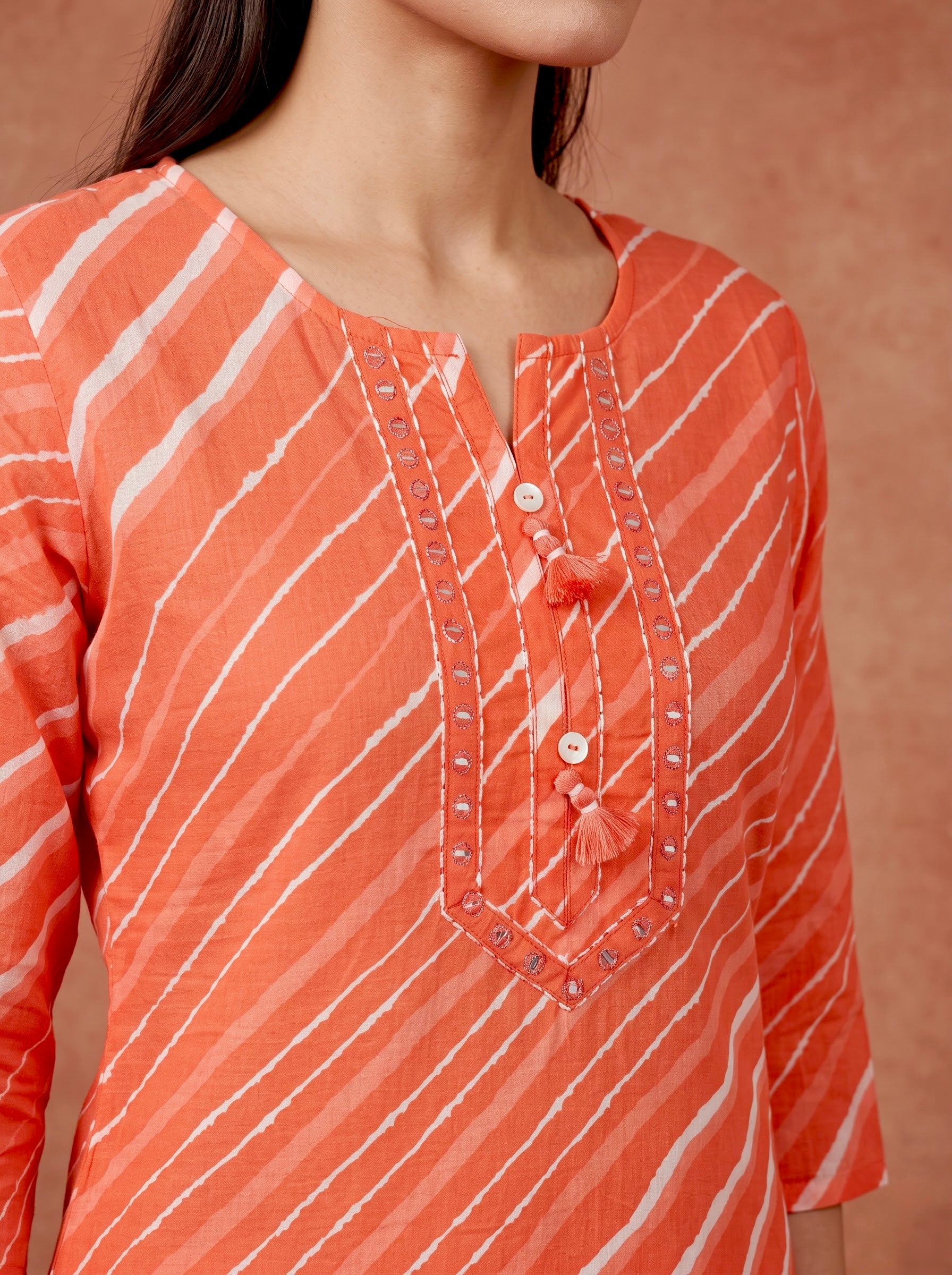 Peach Leheriya Print Premium Cotton Kurta Set