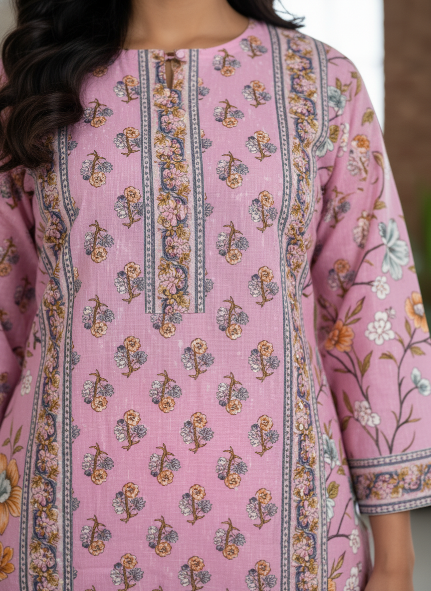 Blush Pink Floral A-Line Cotton 3-Piece Suit Set