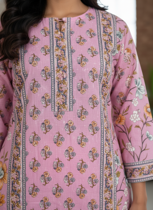 Blush Pink Floral A-Line Cotton 3-Piece Suit Set