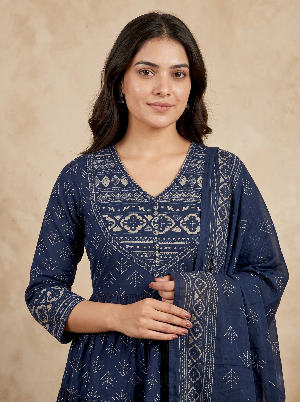 Navy Blue Bagru Print Premium Cotton Tiered Anarkali Kurta Set
