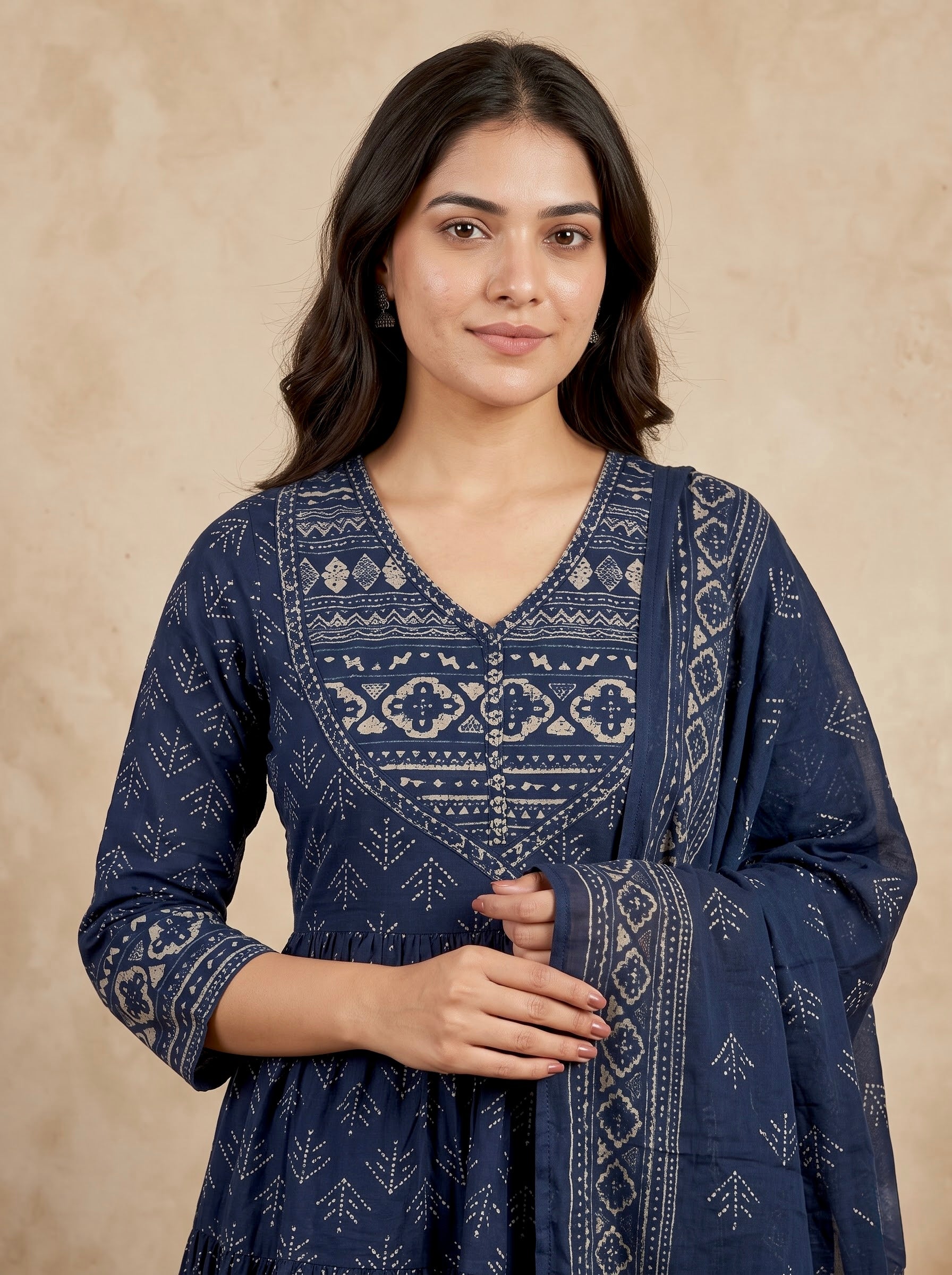 Navy Blue Bagru Print Premium Cotton Tiered Anarkali Kurta Set