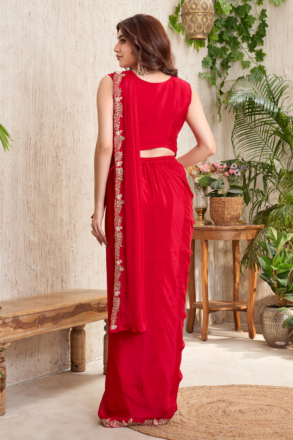 The Scarlet Red Draped Saree Gown with Gold Embroidery