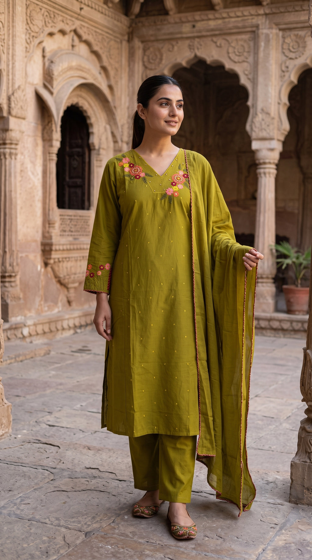 Olive Green Floral Embroidered Cotton Kurta Set – Straight Suit