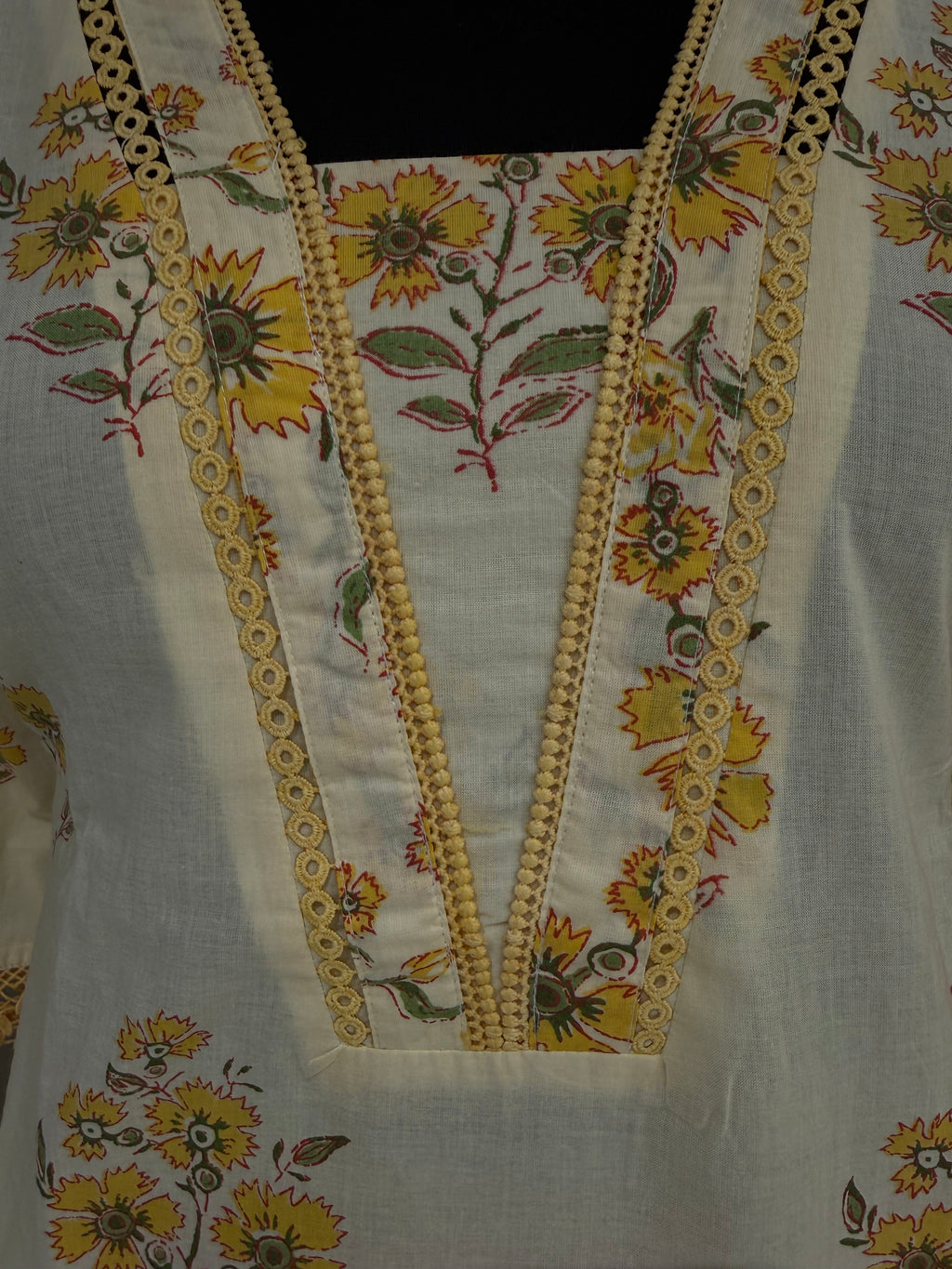 Ivory & Yellow Floral Block Print Cotton Kurta Set – Palazzo Suit