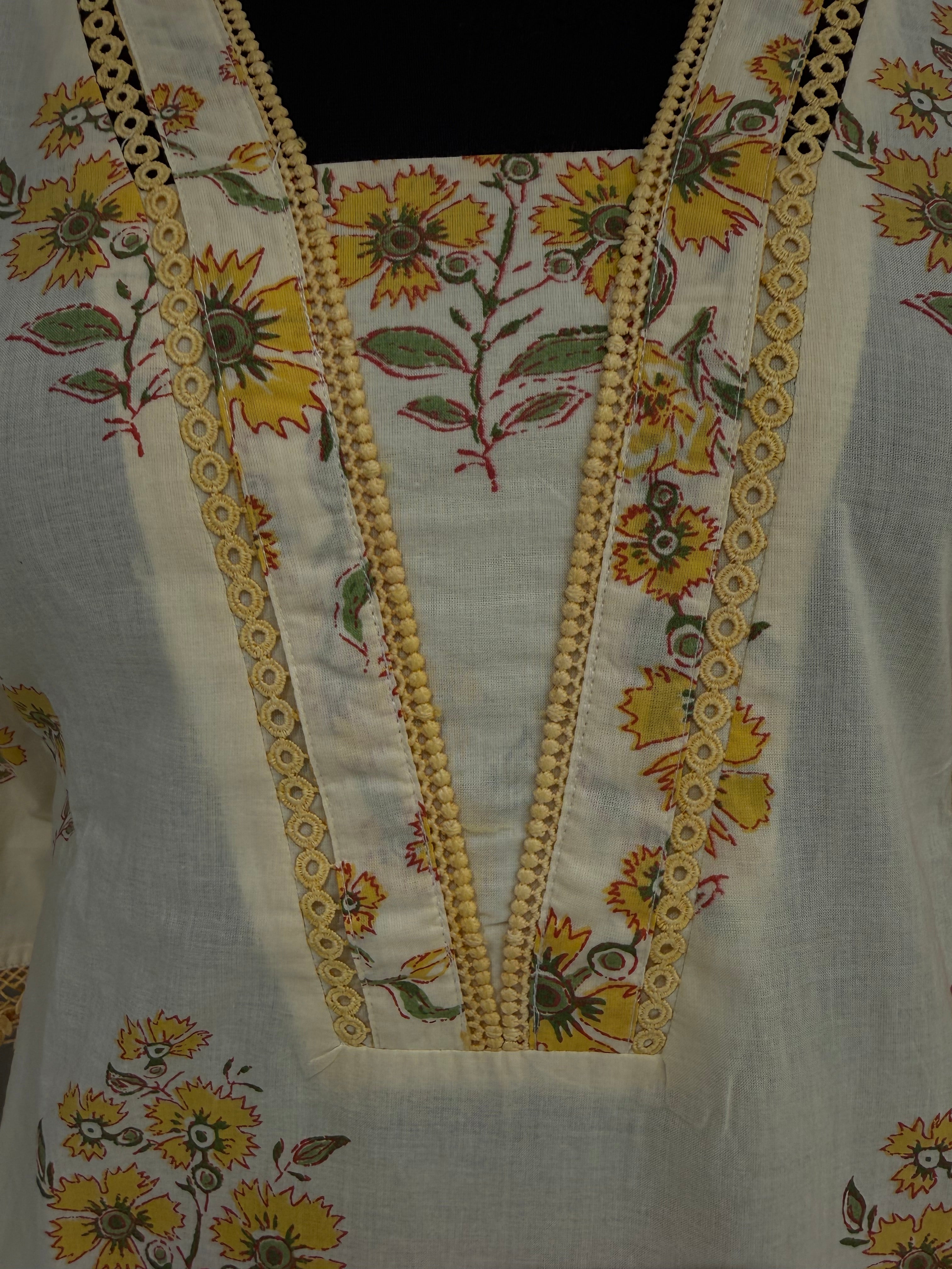 Ivory & Yellow Floral Block Print Cotton Kurta Set – Palazzo Suit