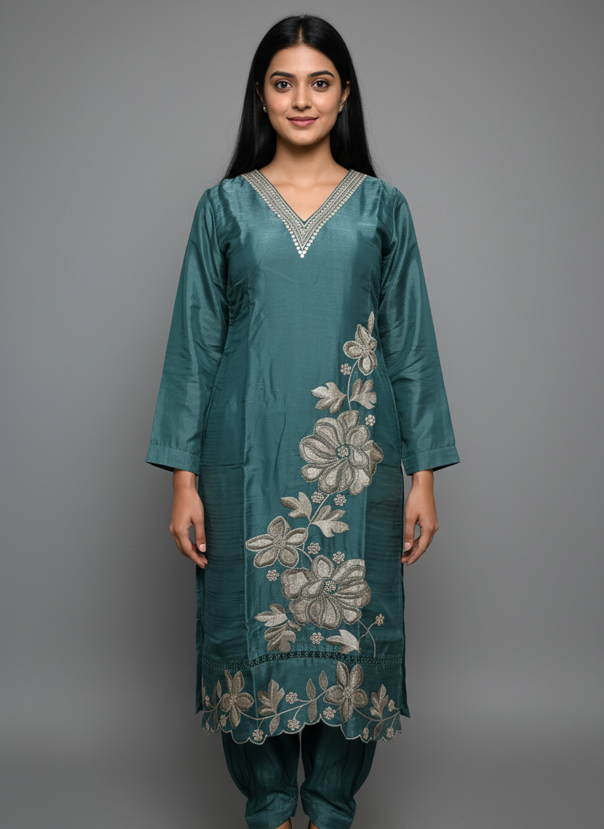 Teal Silk Floral Embroidered Suit Set