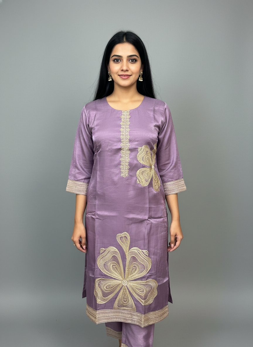Lavender Silk Embroidered Suit Set with Organza Dupatta
