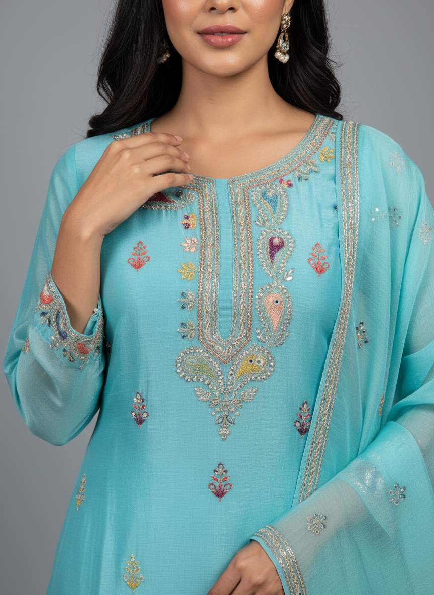Light Firozee Georgette Kurta Set with Multi-Color Thread and Sequin Embroidery