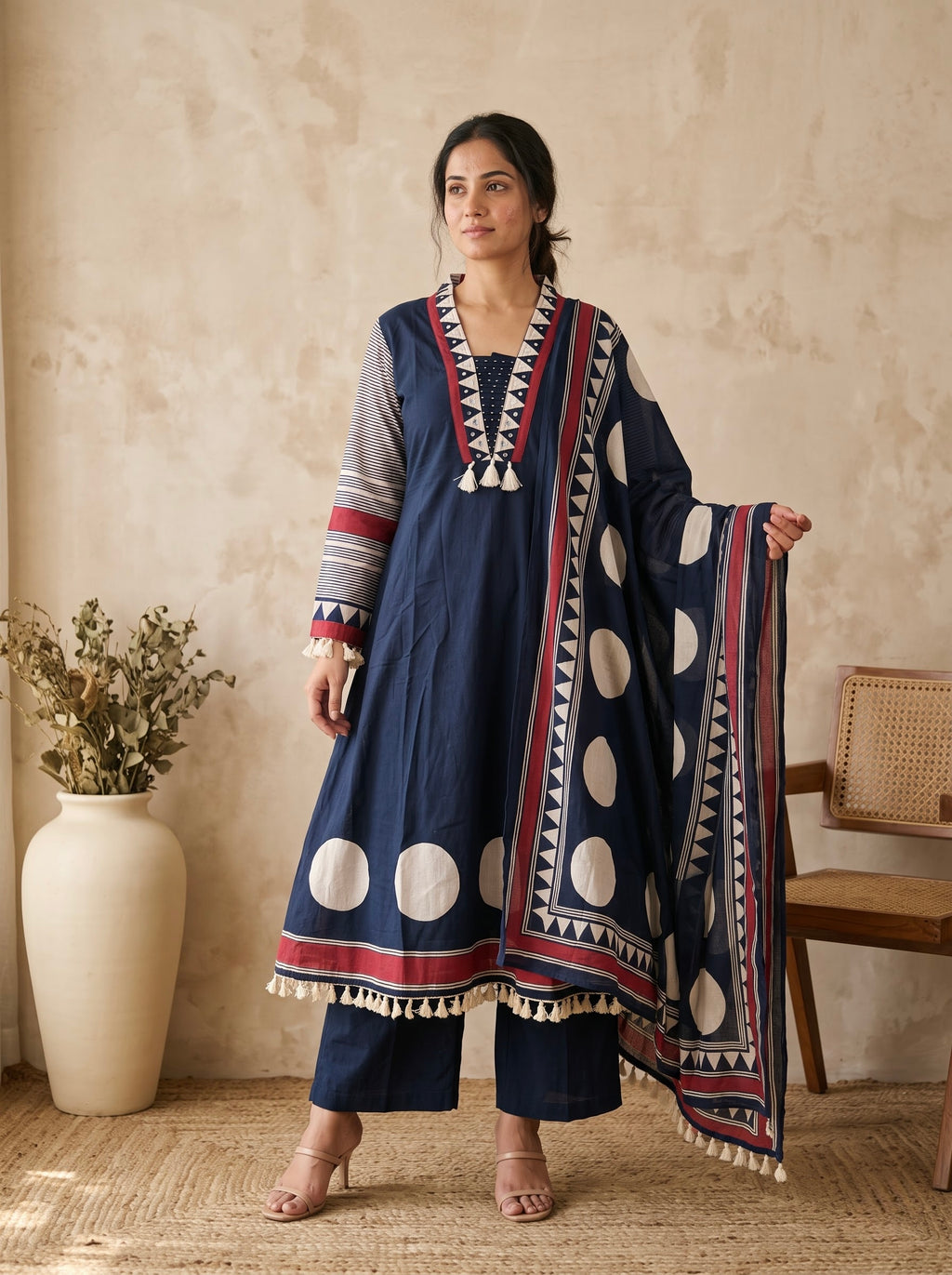Navy Blue Polka Dot A-Line Premium Cotton Kurta Set