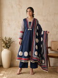 Navy Blue Polka Dot A-Line Premium Cotton Kurta Set
