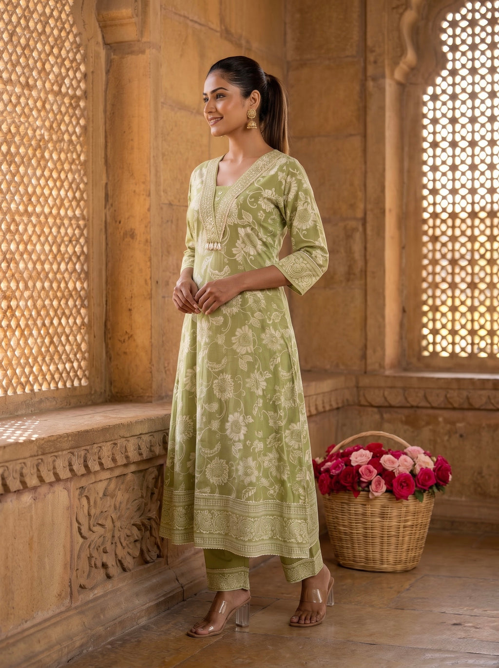 Sage Green Floral Print Premium Cotton Kurta Set