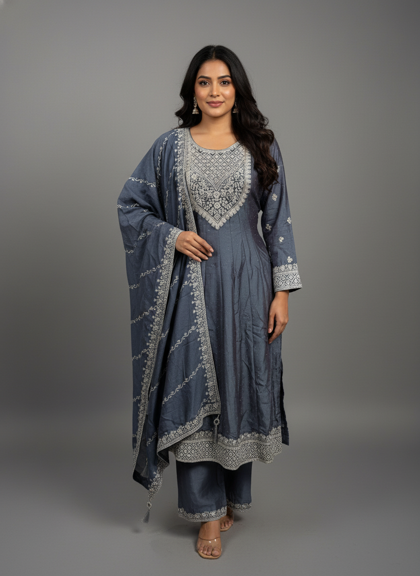Aqua Grey Viscose Anarkali Salwar Suit with Sequin & Thread Work