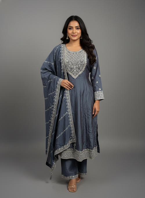 Aqua Grey Viscose Anarkali Salwar Suit with Sequin & Thread Work