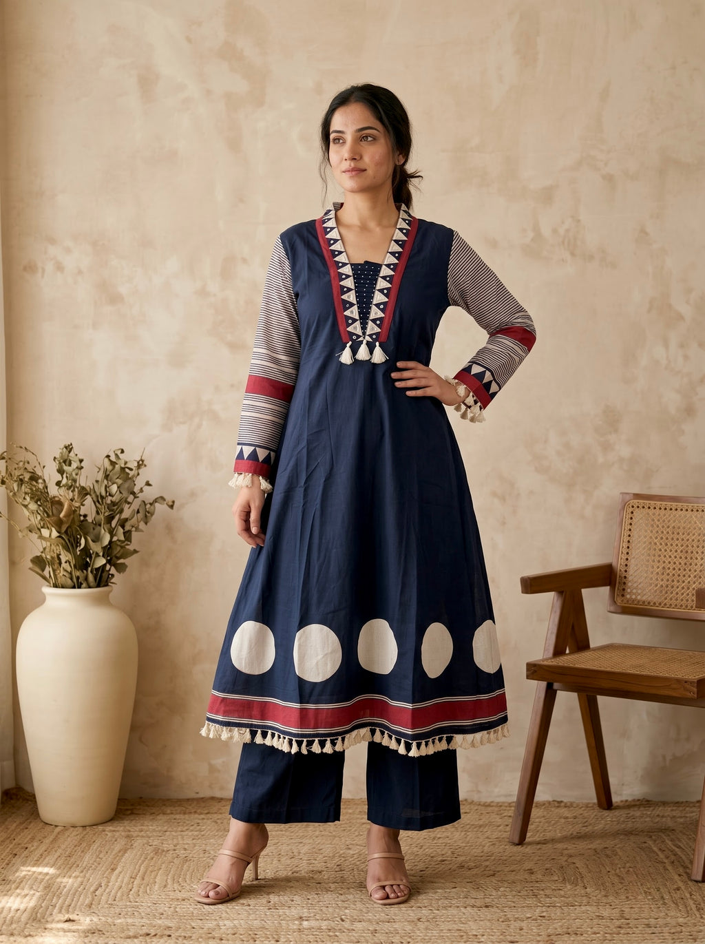 Navy Blue Polka Dot A-Line Premium Cotton Kurta Set