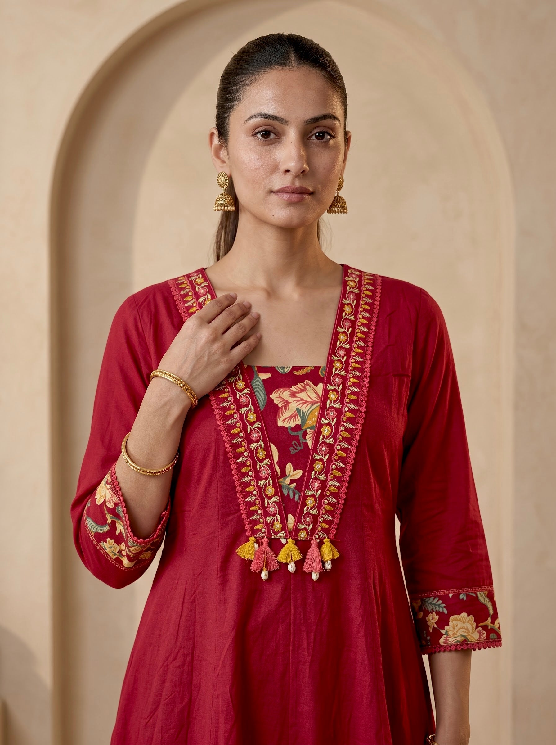 Maroon Floral Border Premium Cotton Anarkali Kurta Set