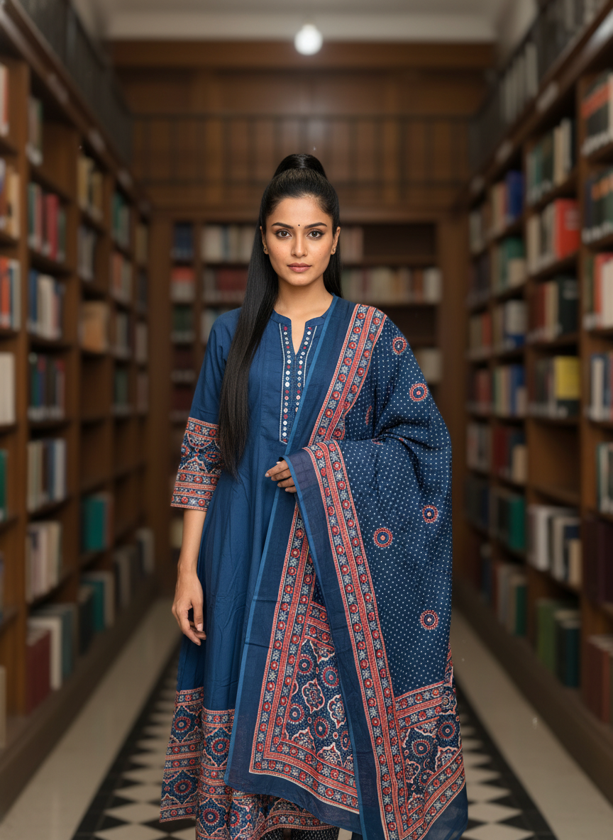 Royal Indigo Ajrakh Print Suit Set with Mirror-Work Neckline