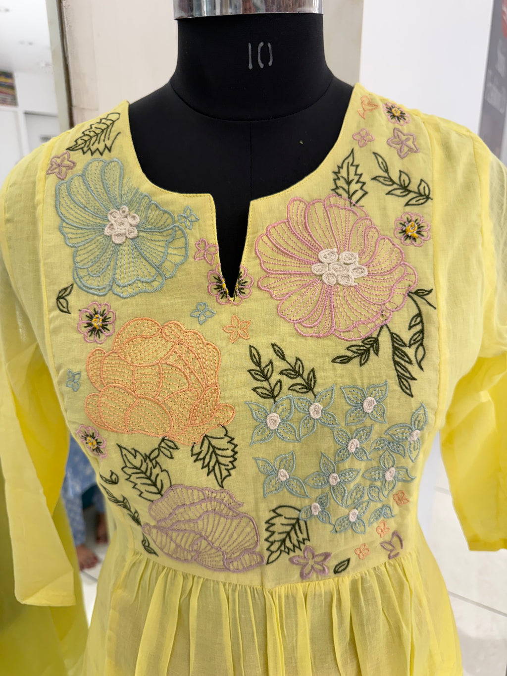 Lemon Yellow Floral Embroidered Mal Cotton A-Line Suit Set