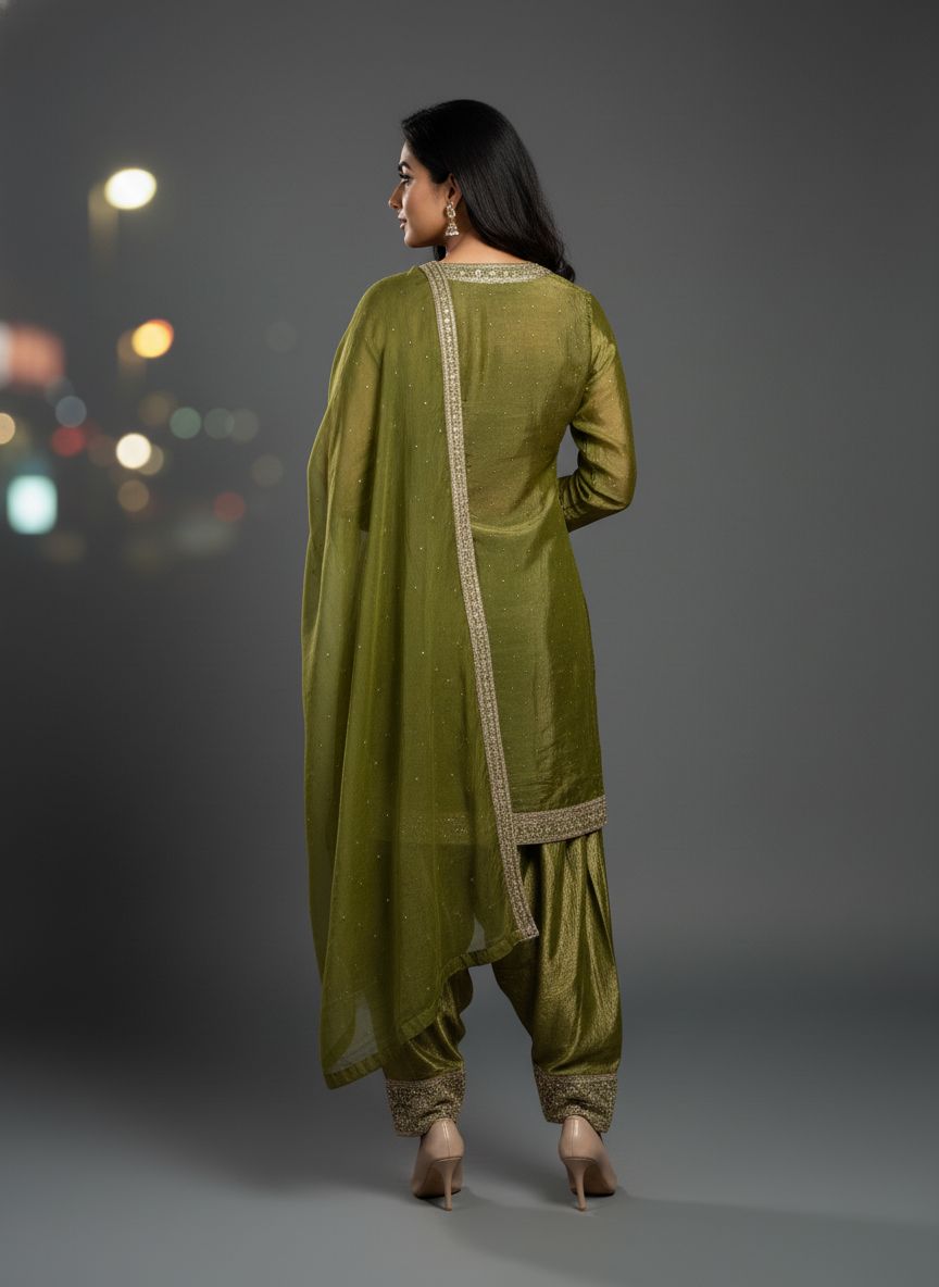 Luxurious Mehendi Green True Tone Silk Patiala Suit