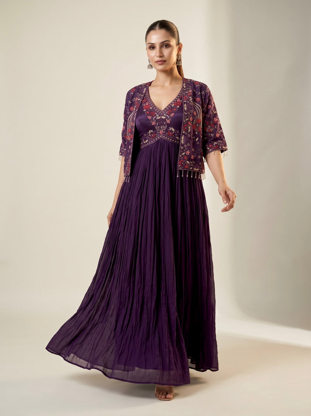 Purple Pure Georgette Anarkali Gown with Embroidered Jacket & Pearl Tassels