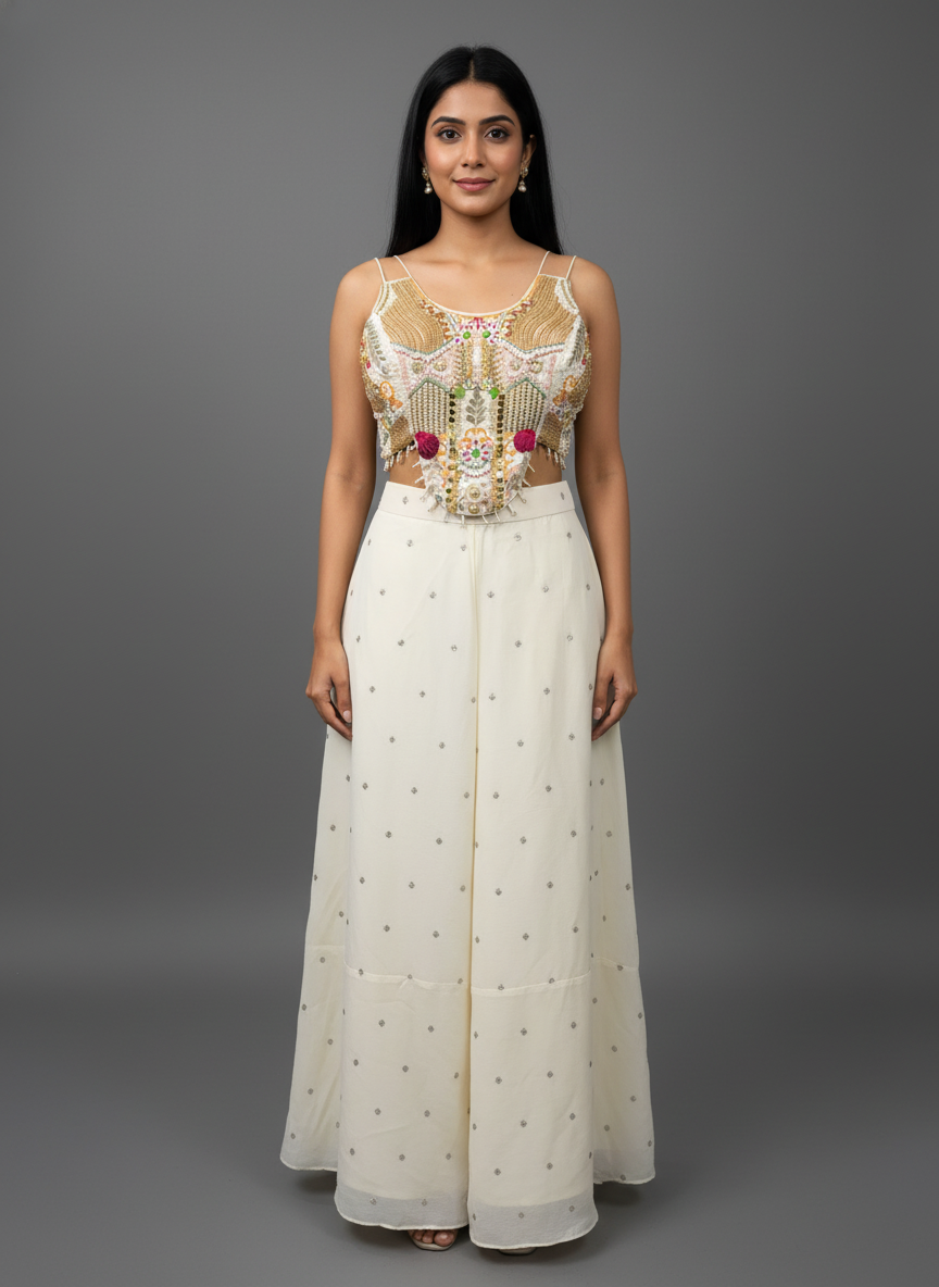 Ivory Georgette Flared Palazzo Set with Embellished Crop Top