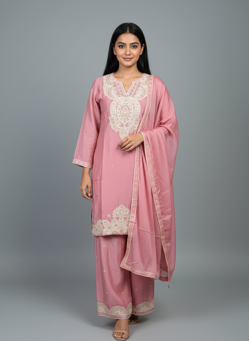 Blush Pink Silk Embroidered Palazzo Suit Set