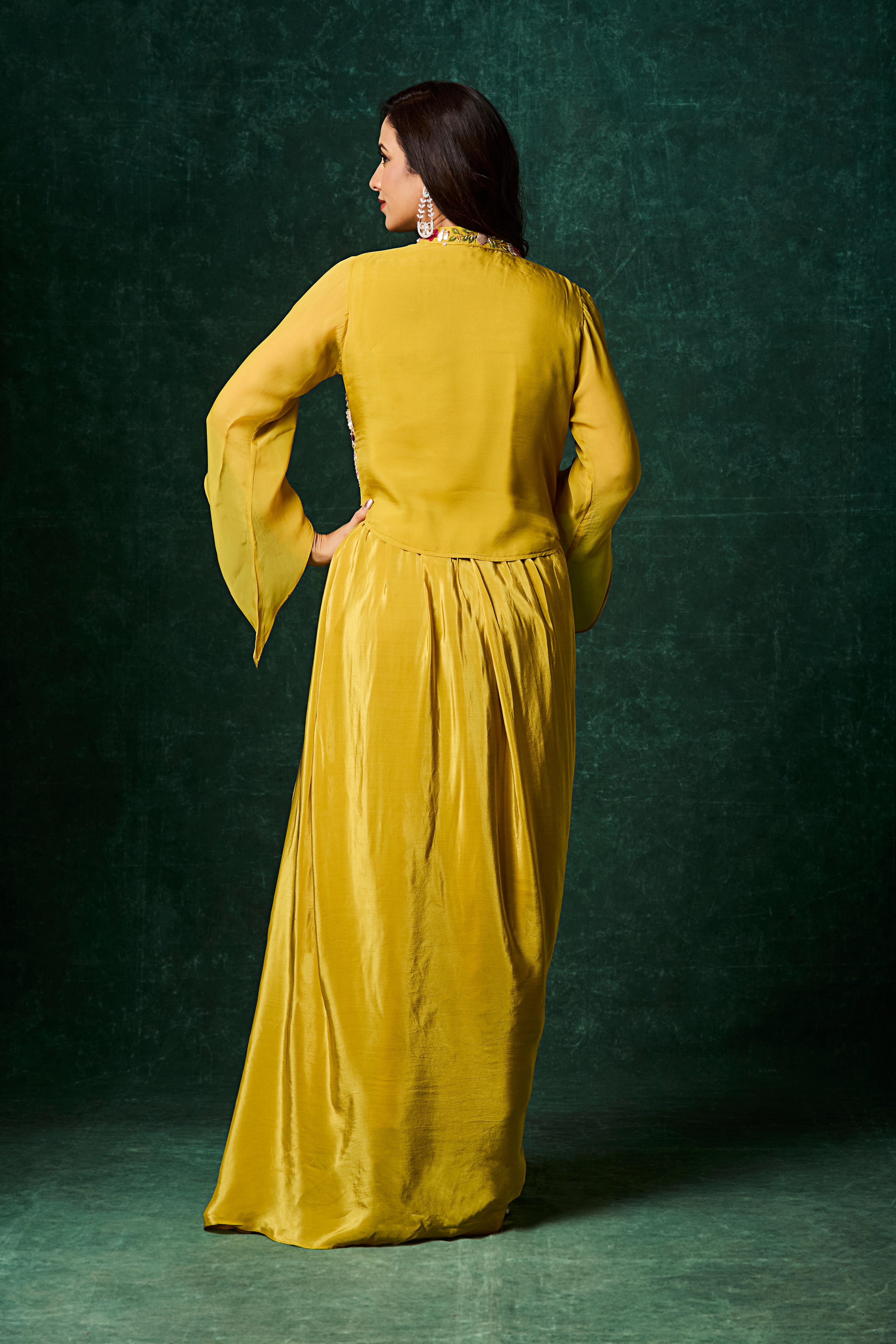 Mustard Yellow Draped Skirt Set with Embroidered Jacket
