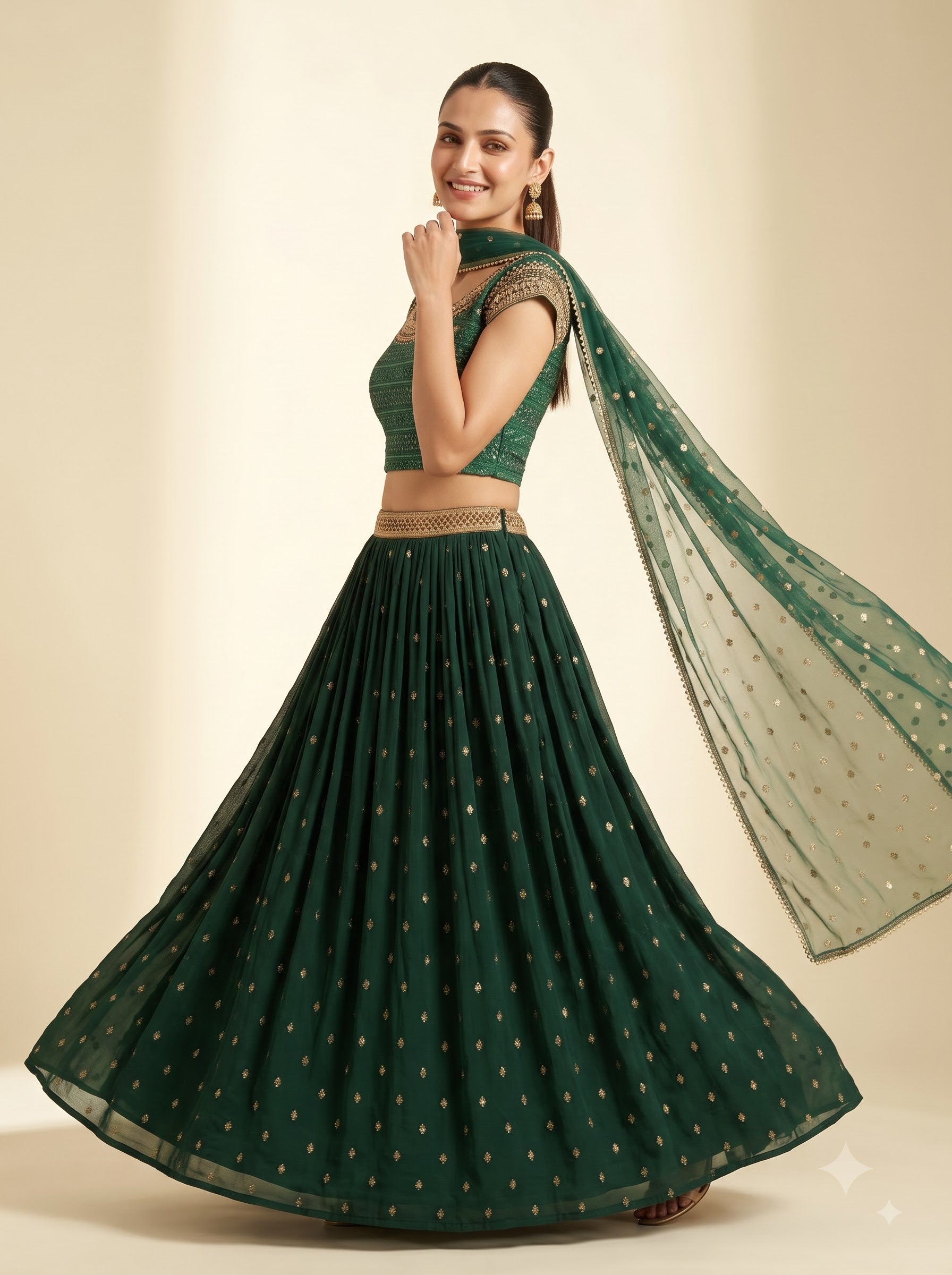 Bottle Green Georgette Lehenga Set with Sequin Embroidered Blouse & Net Dupatta