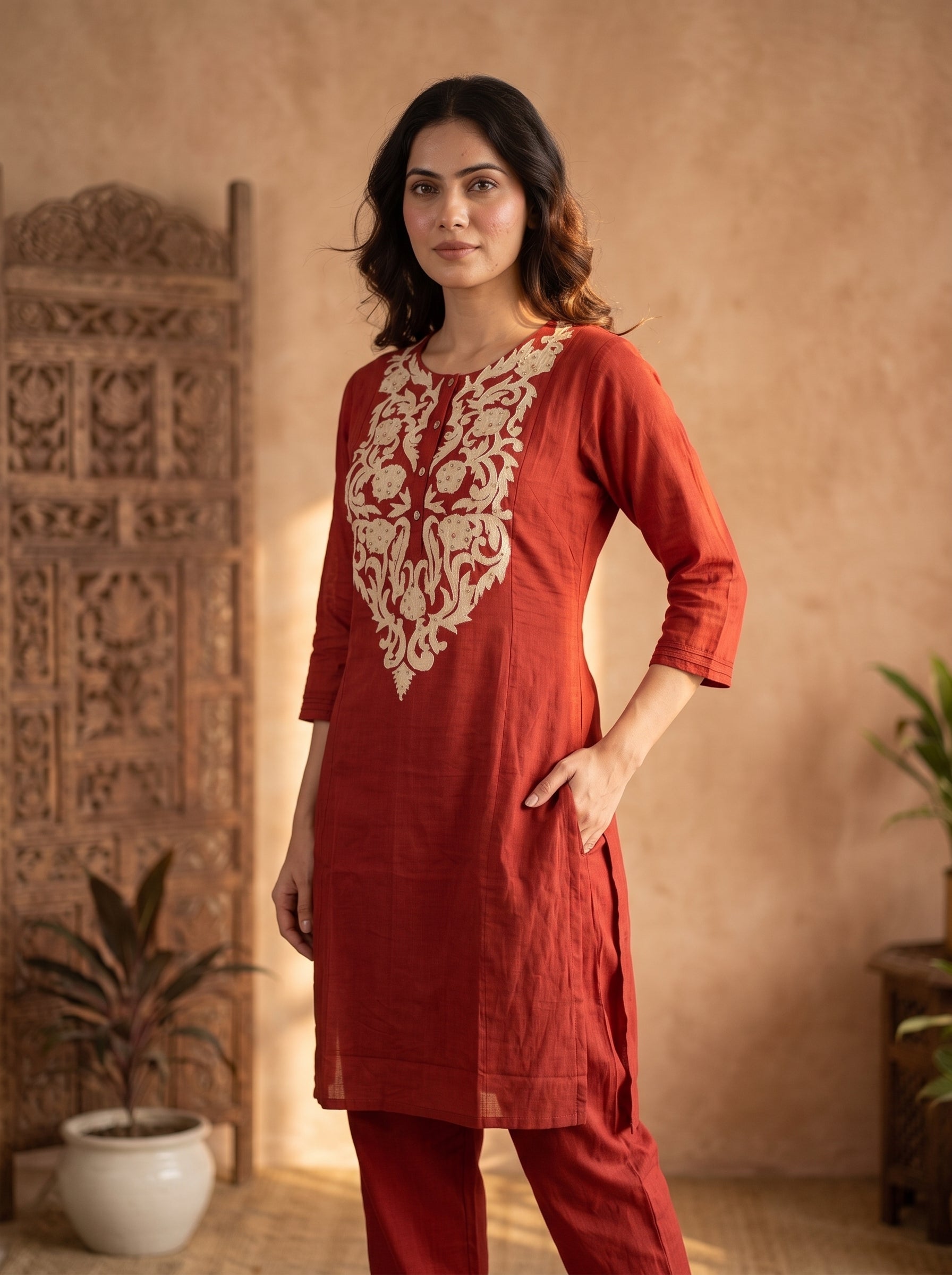 Rust Red Aari Embroidered Cotton Kurta Pant Set