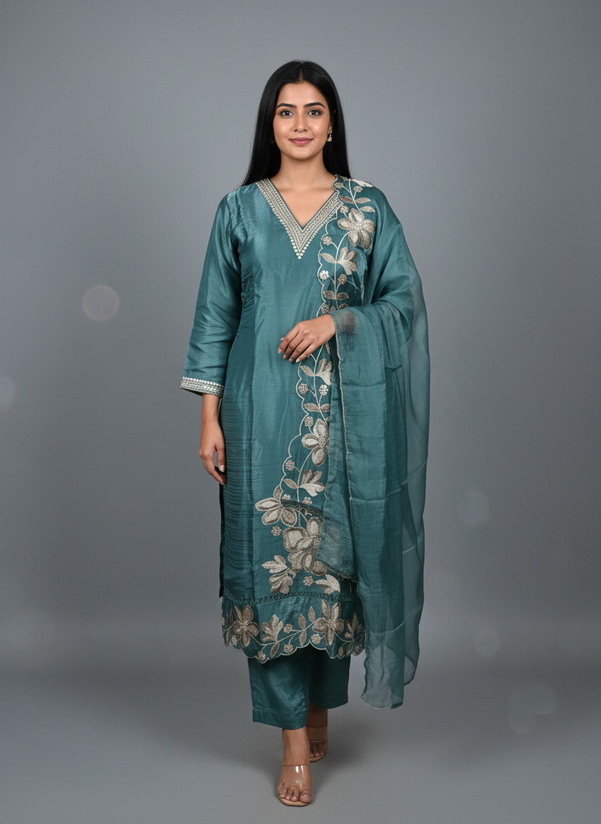 Teal Silk Floral Embroidered Suit Set