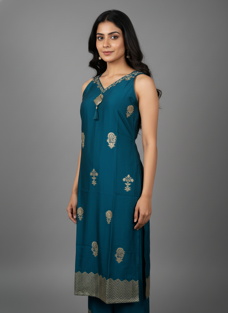 Luxurious Teal Blue Silk Kurta Set