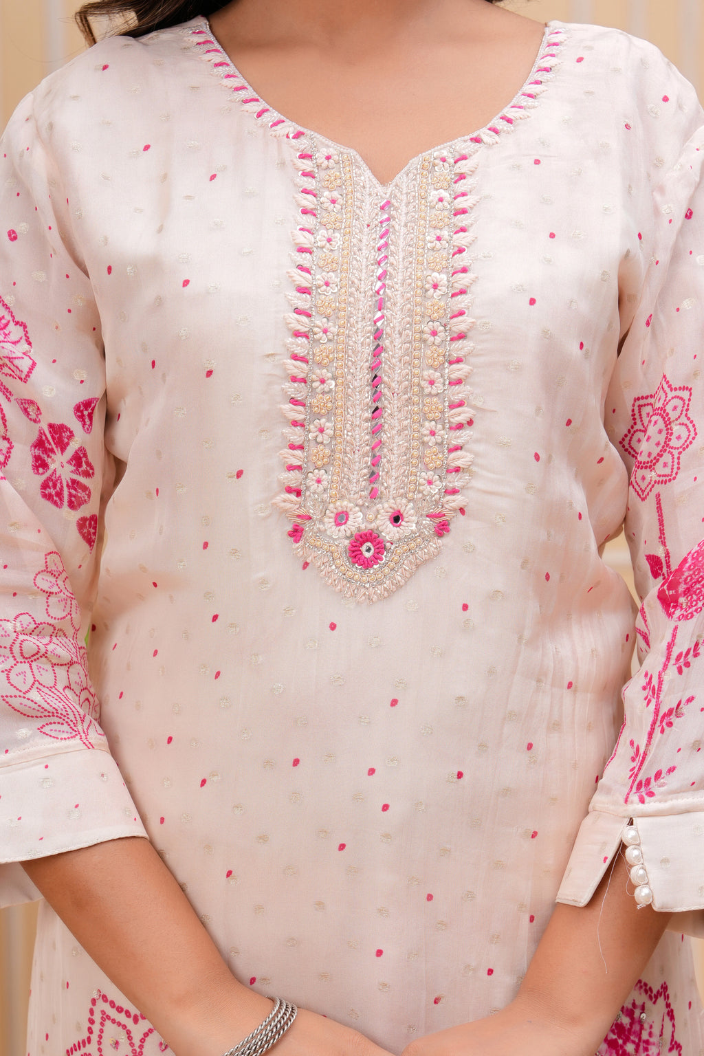 White Suit Set With Pink Detailing