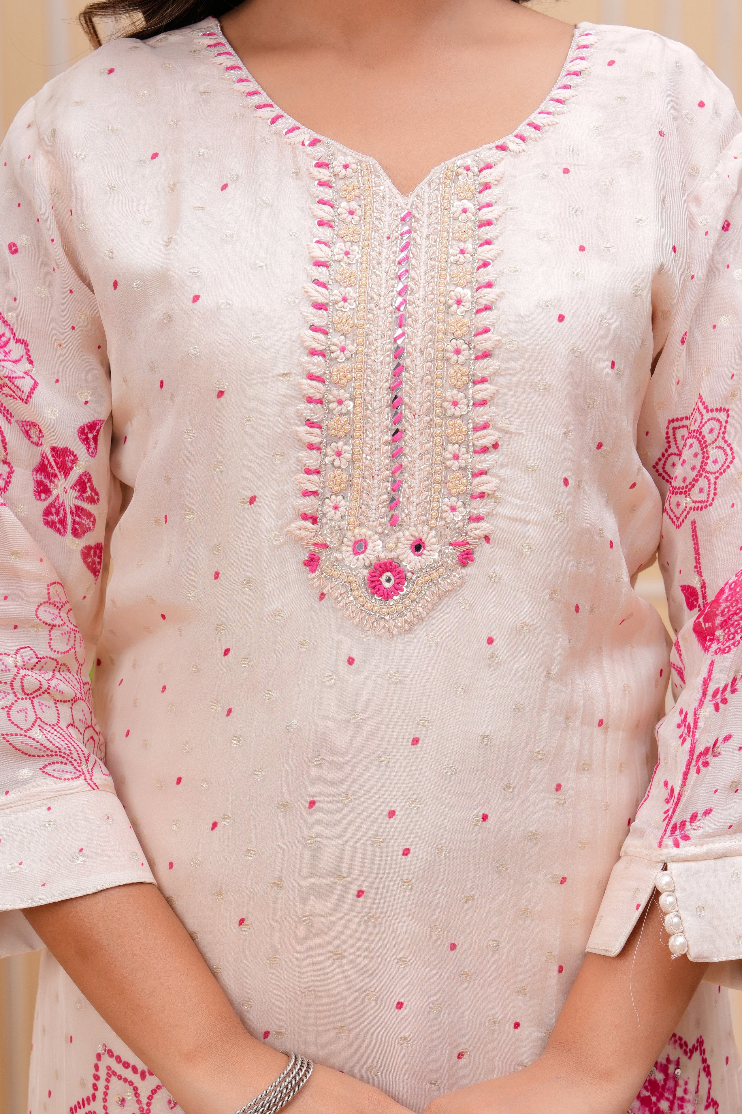 White Suit Set With Pink Detailing