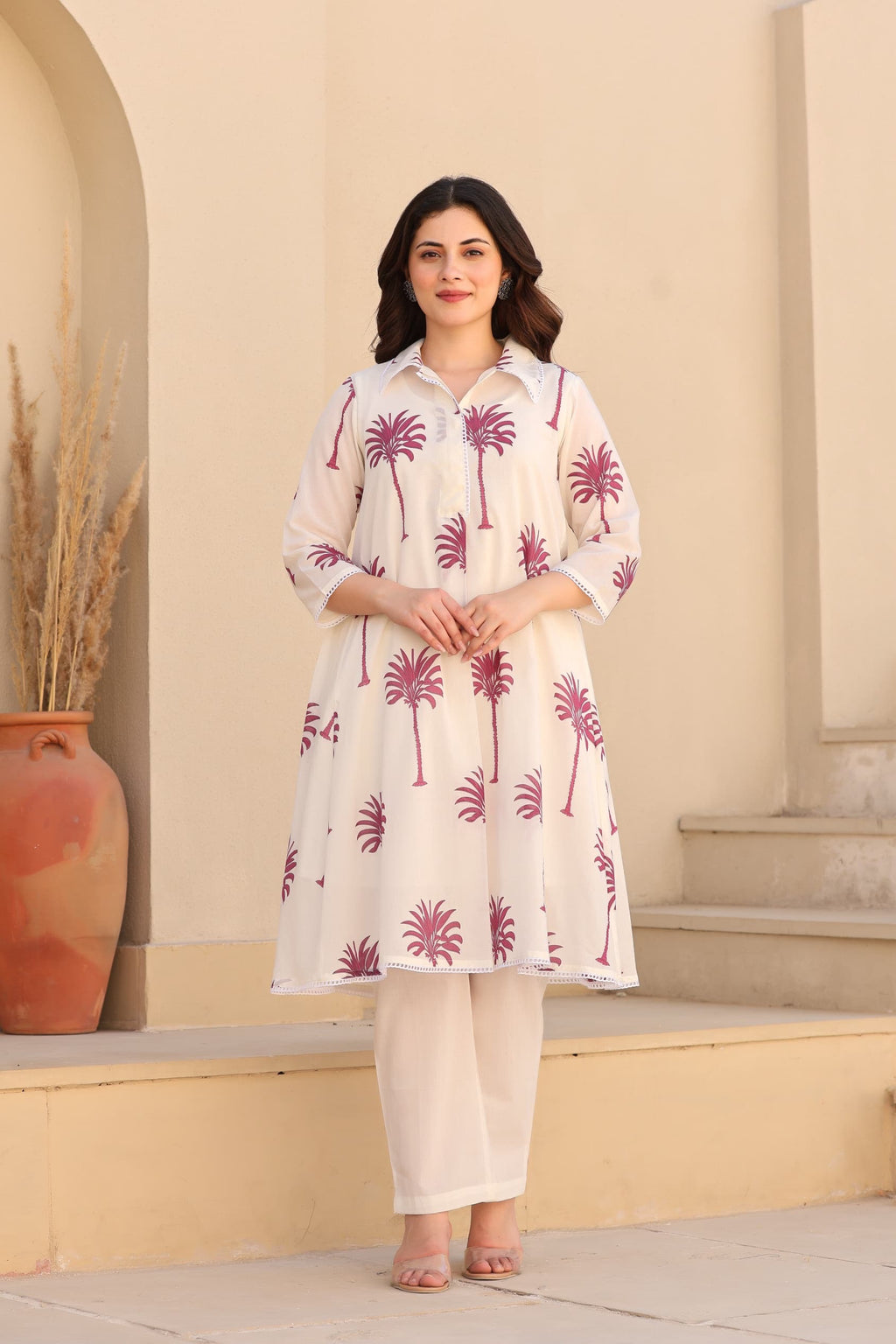 Tropical Blush – White & Rose Block Printed Premium Cotton Co-ord Set