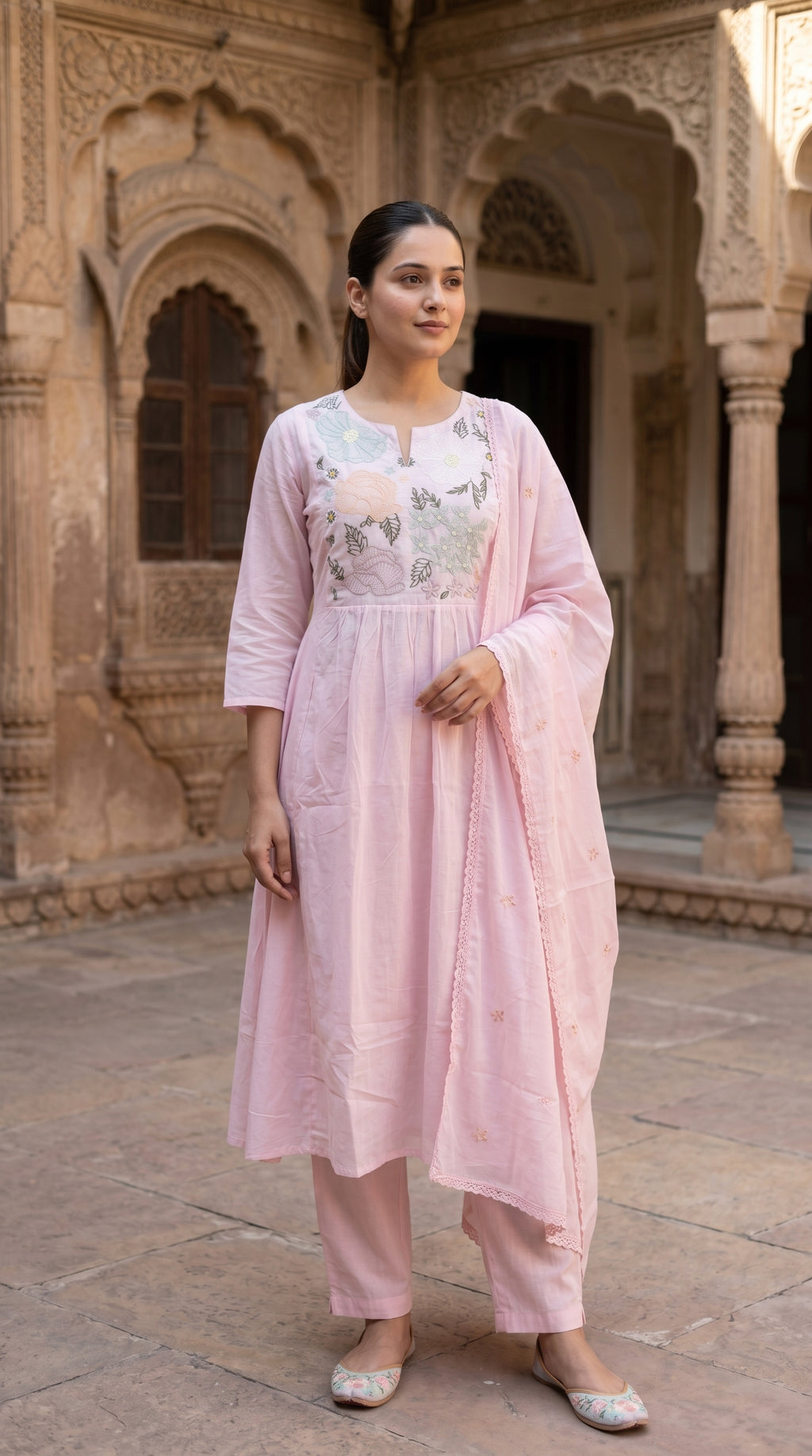 Rose Pink Floral Embroidered Mal Cotton A-Line Suit Set