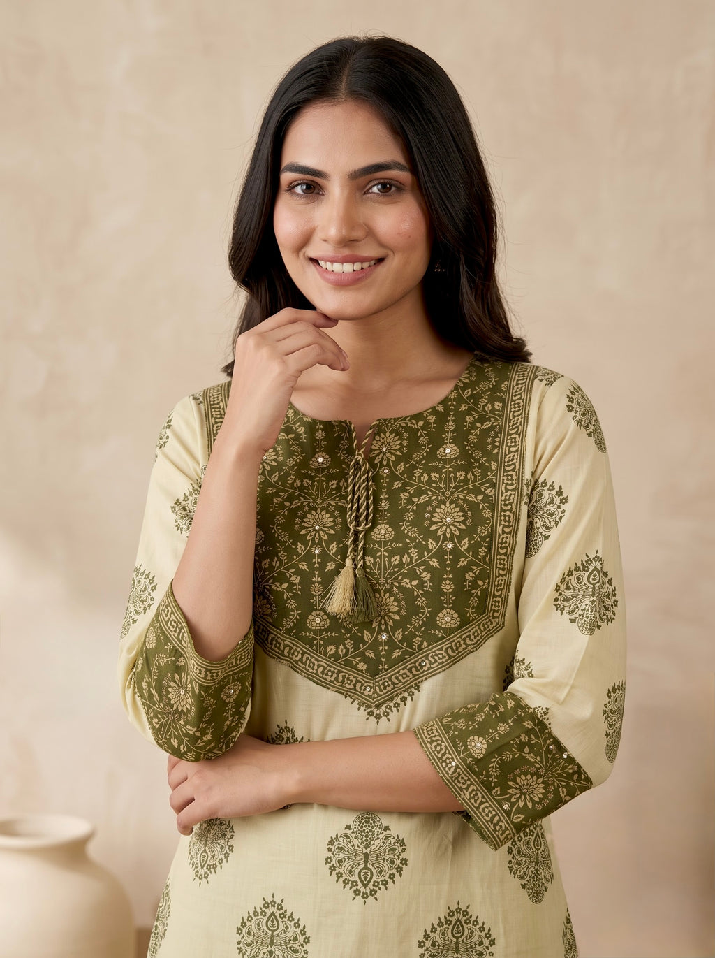Olive Green Block Print Premium Cotton Kurta Palazzo Set