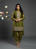 Luxurious Mehendi Green True Tone Silk Patiala Suit
