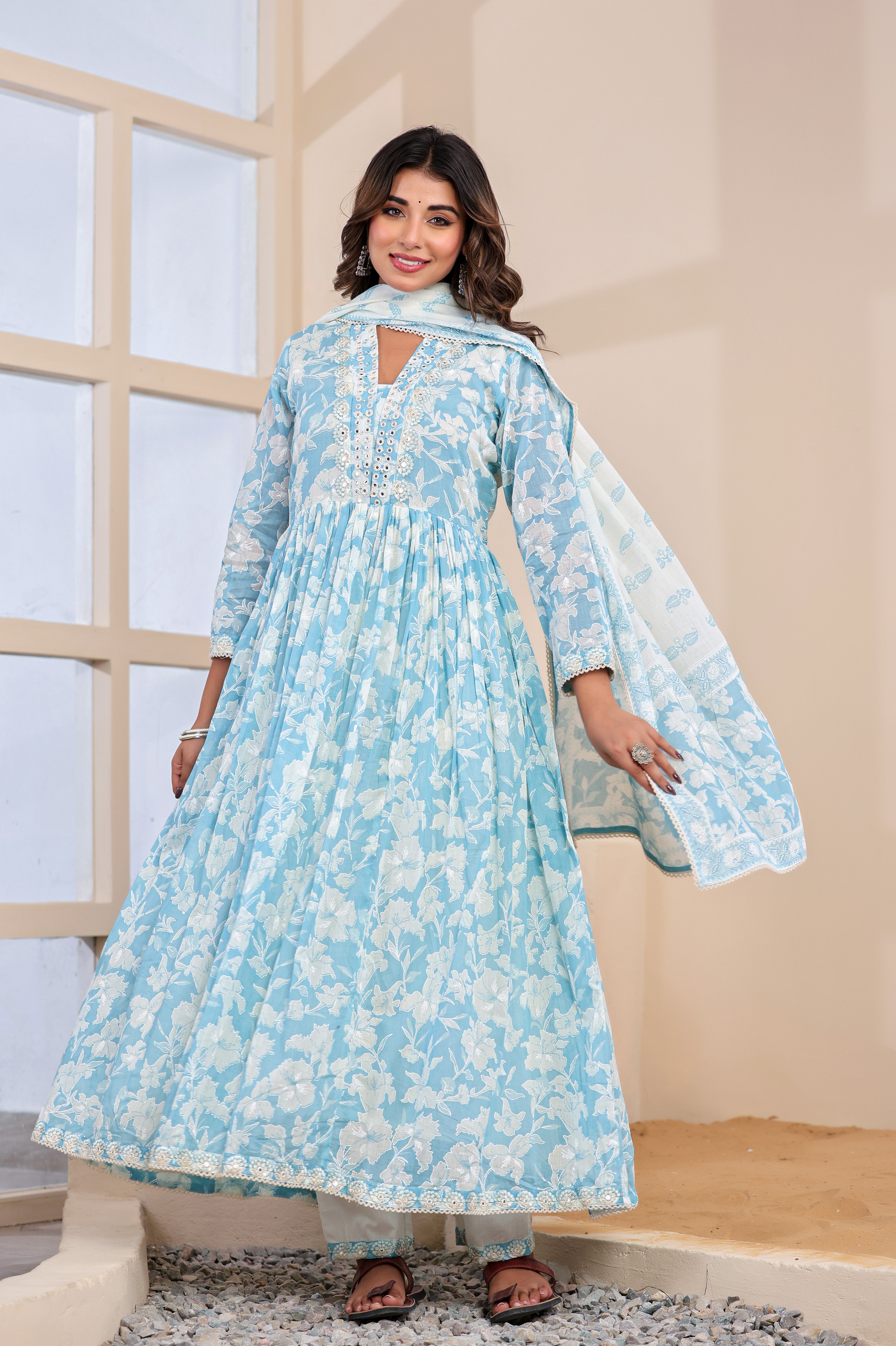 Anarkali Sky Blue Pure Cotton Suit