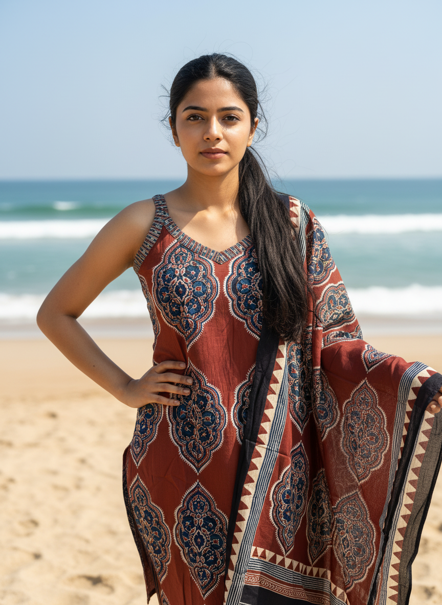 Indigo Ajrakh Cotton Sleeveless Kurta Set for Women – Summer Ethnic Palazzo Suit