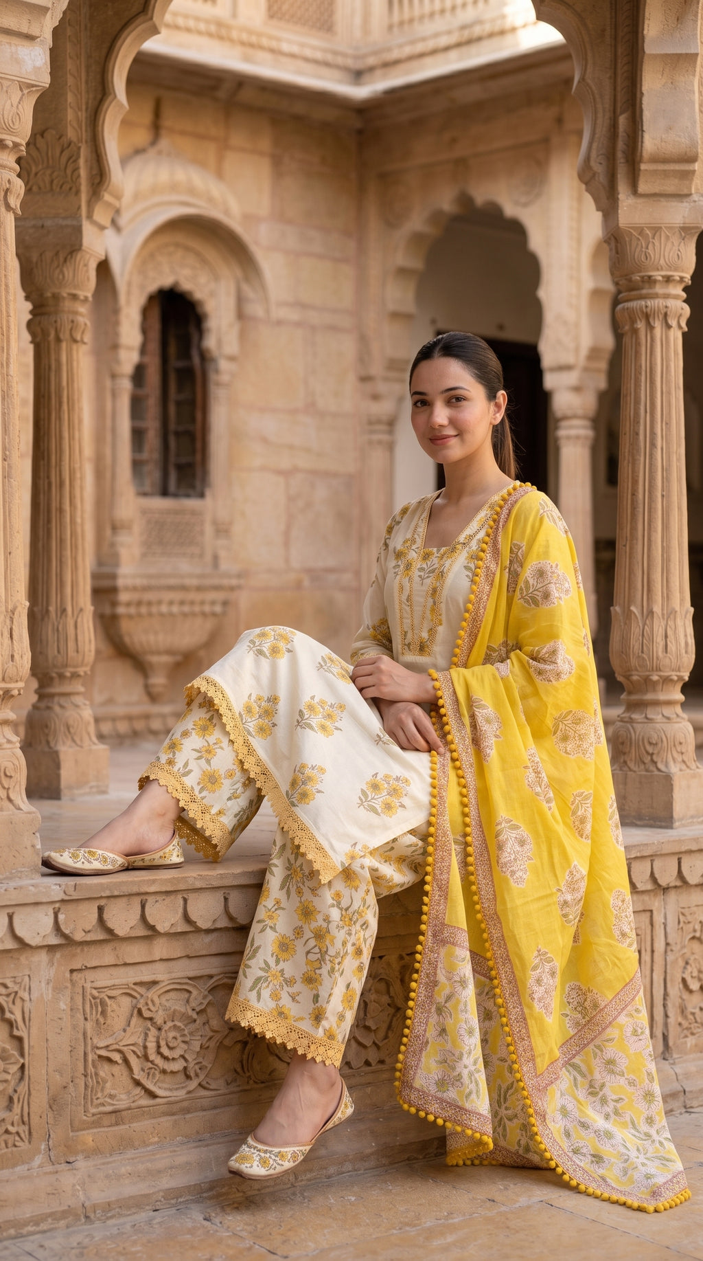 Ivory & Yellow Floral Block Print Cotton Kurta Set – Palazzo Suit