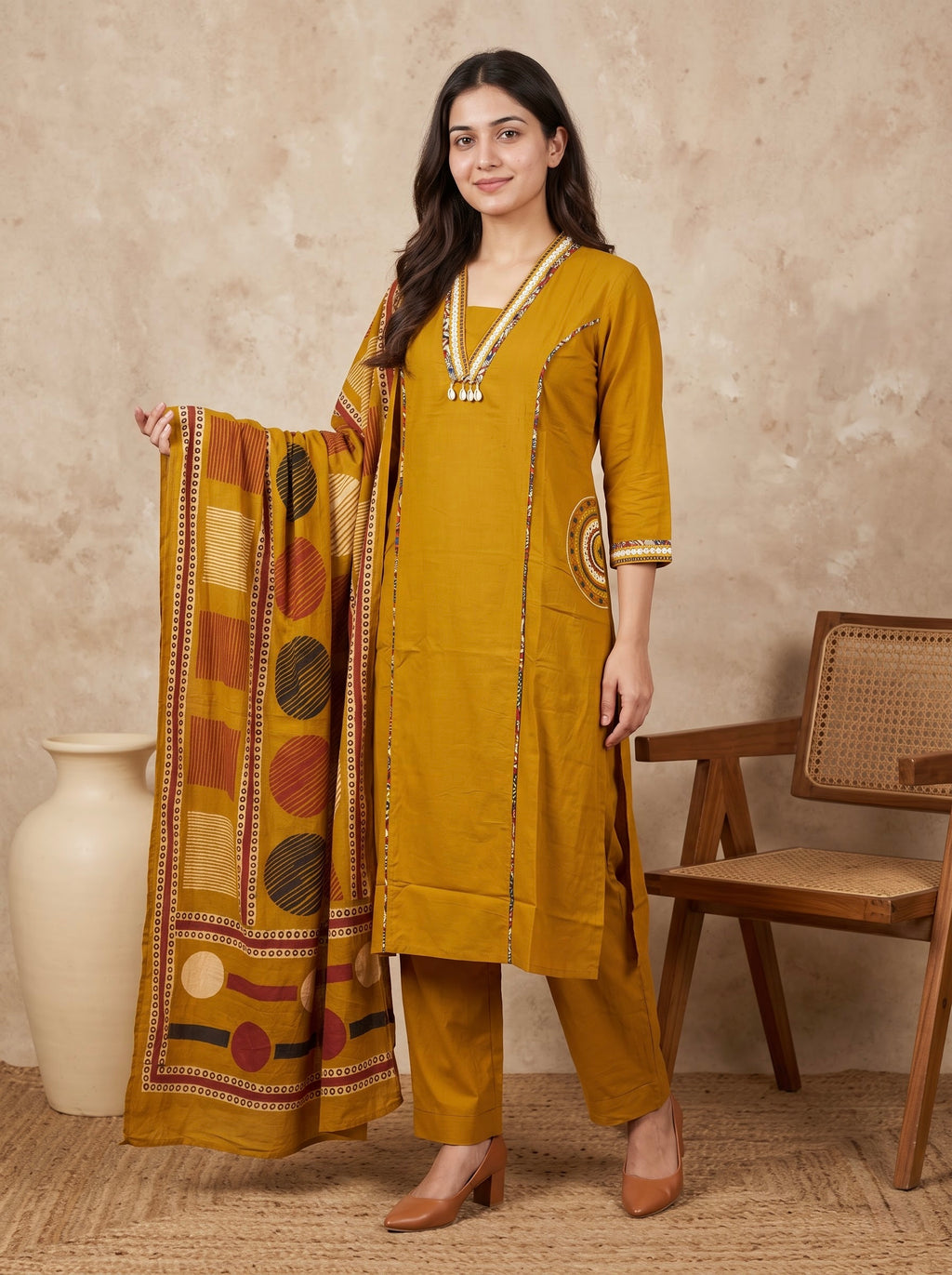 Mustard Yellow Premium Cotton Kurta Set with Kalamkari Dupatta