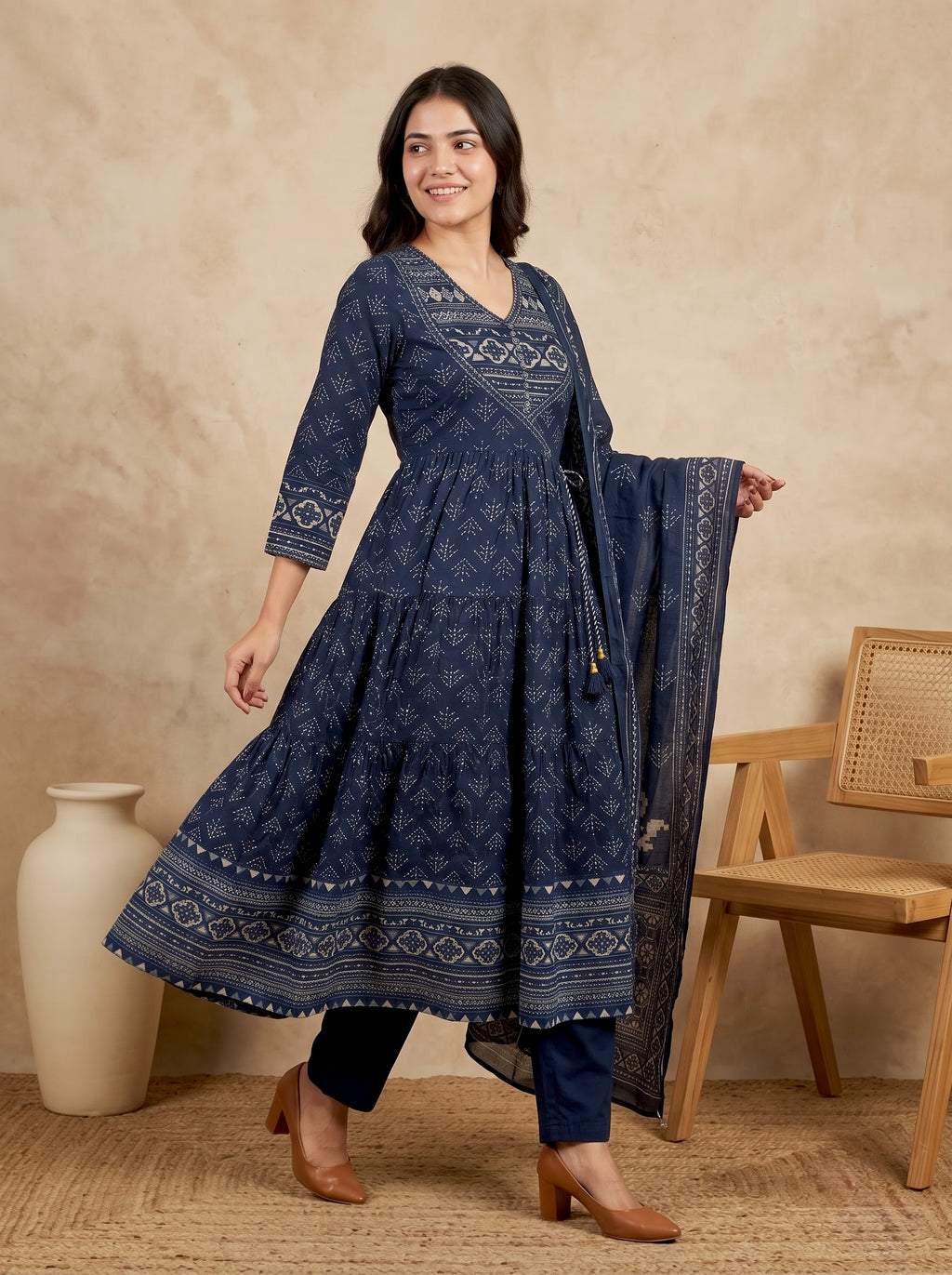 Navy Blue Bagru Print Premium Cotton Tiered Anarkali Kurta Set