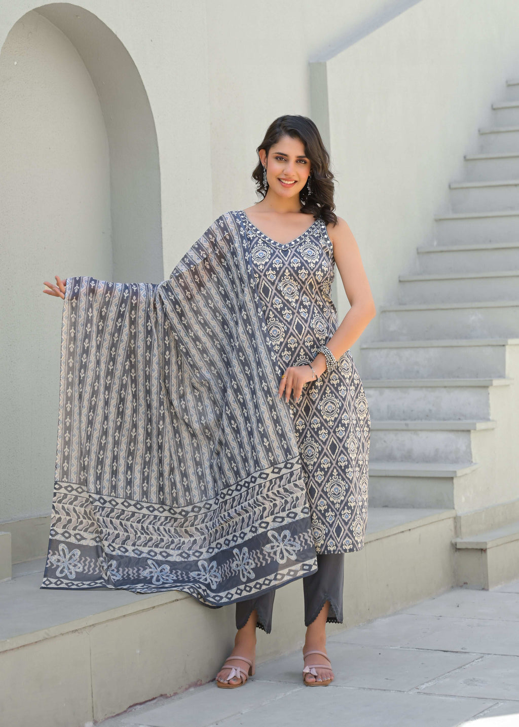 Cut Sleeves Grey Cotton Suit