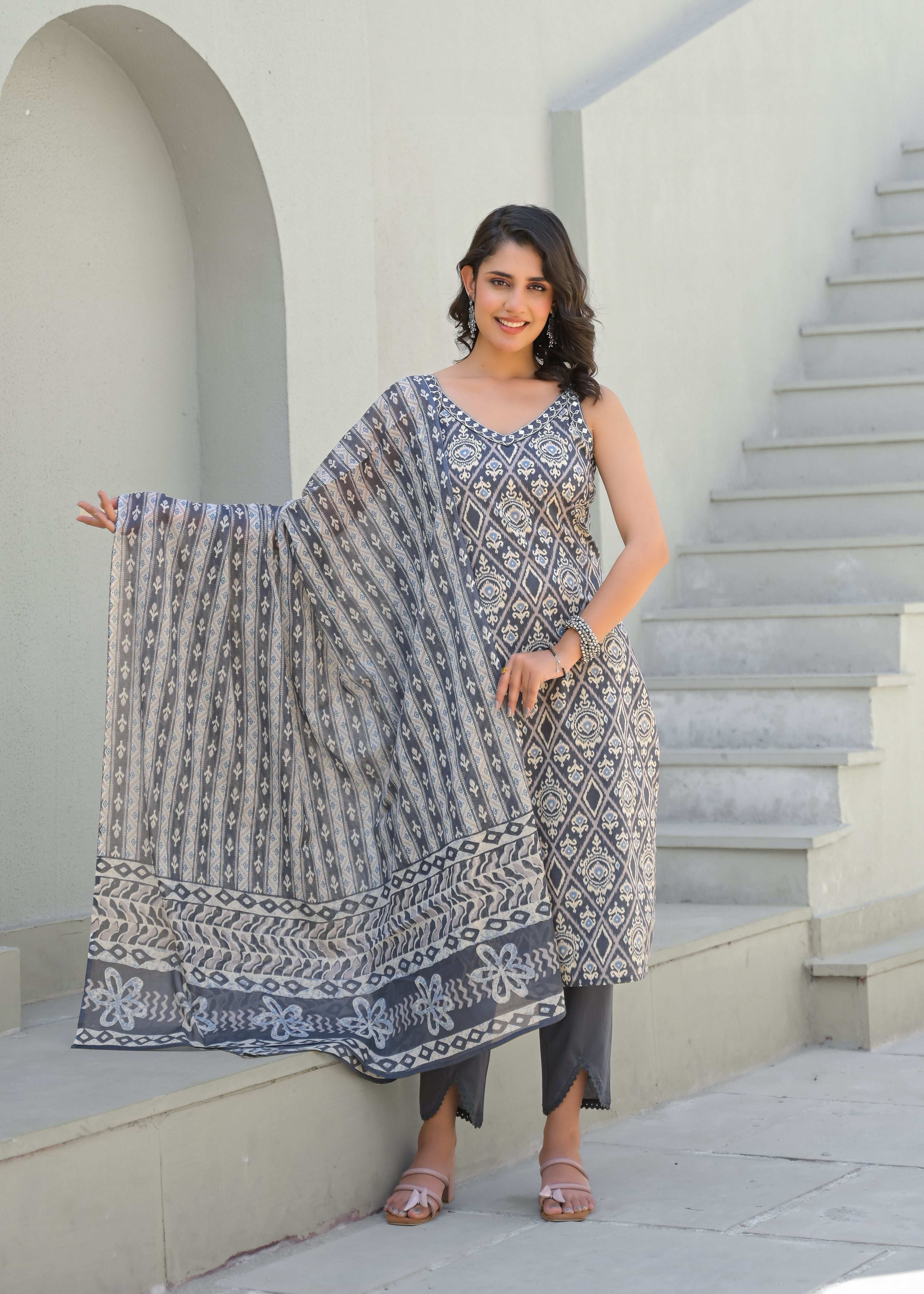 Cut Sleeves Grey Cotton Suit