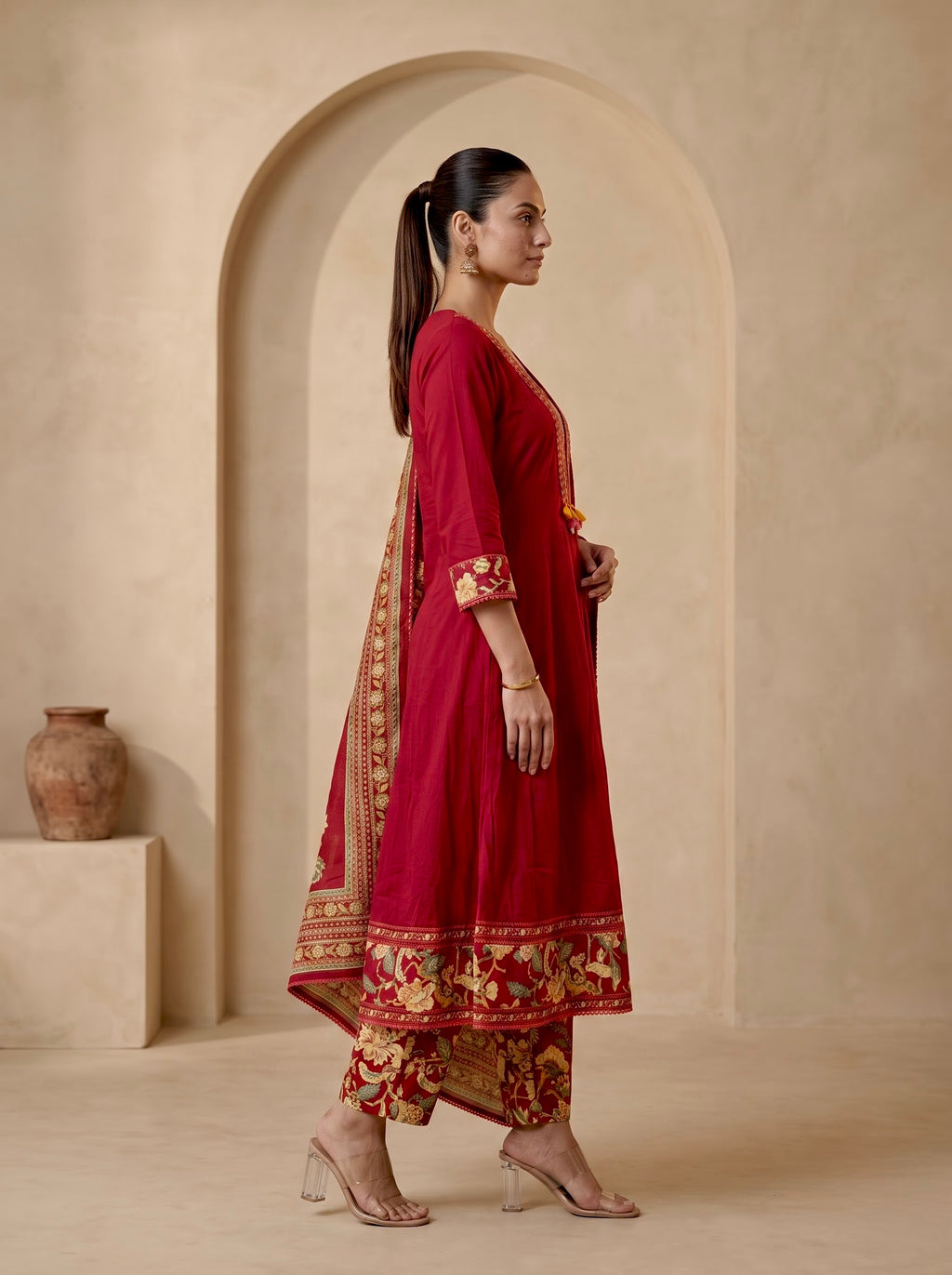 Maroon Floral Border Premium Cotton Anarkali Kurta Set