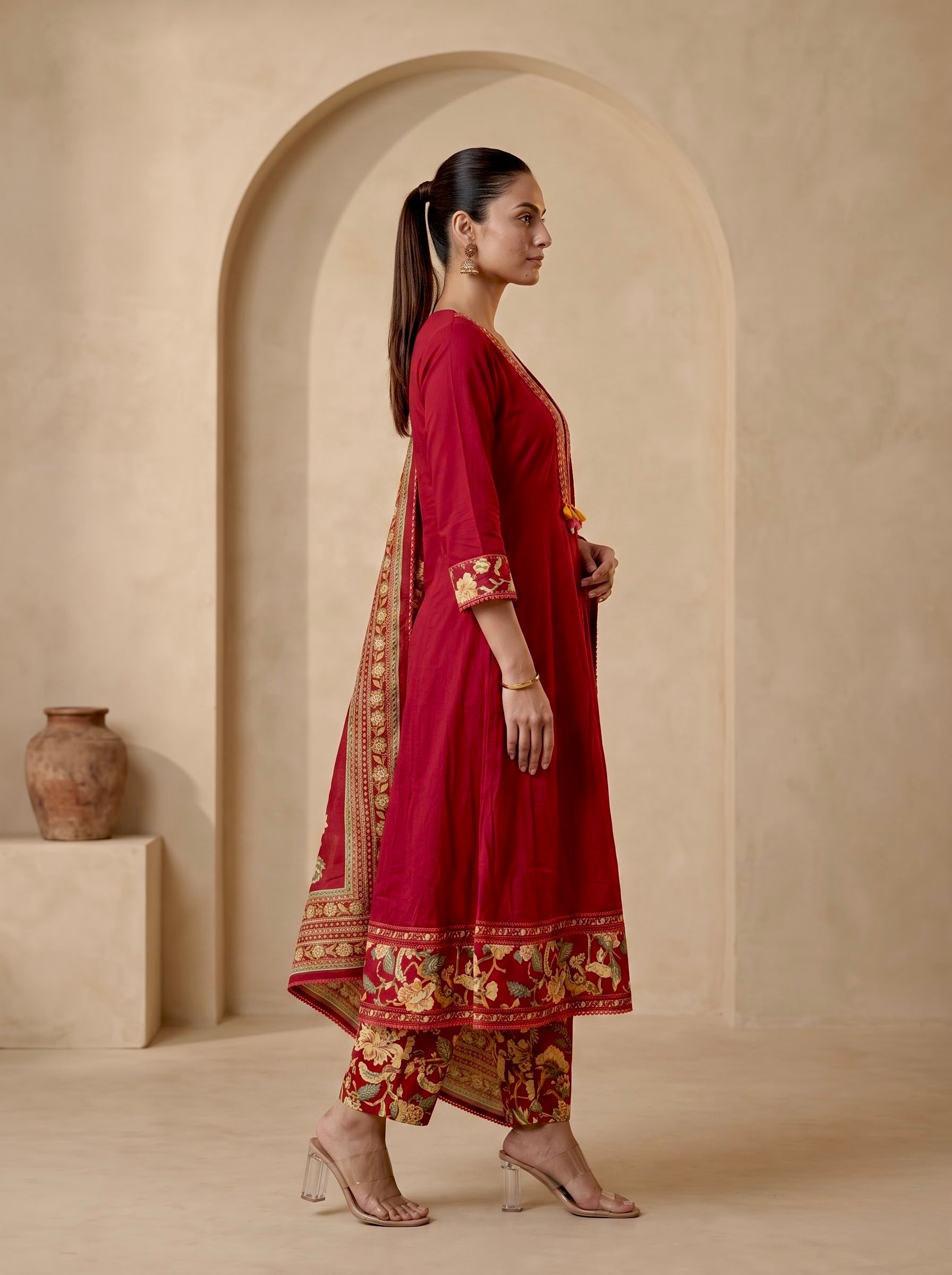 Maroon Floral Border Premium Cotton Anarkali Kurta Set