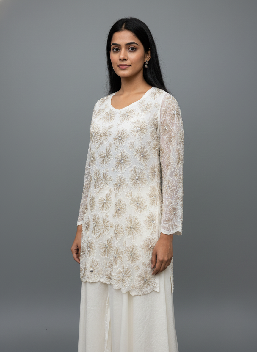 Pearl White Georgette Full-Sleeve Plazzo Suit with Dupatta