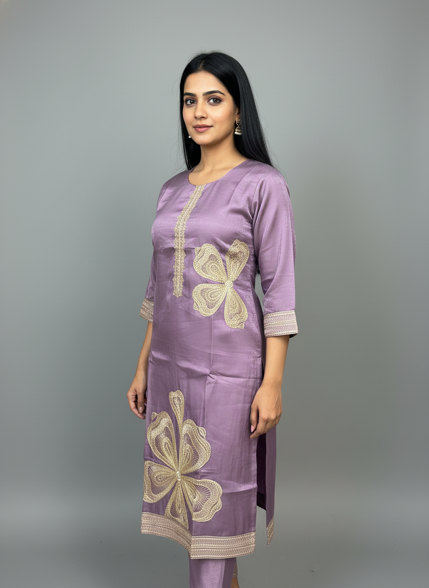 Lavender Silk Embroidered Suit Set with Organza Dupatta